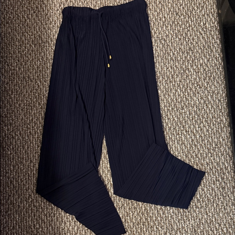 Navy Pleated Wide-Leg Pants